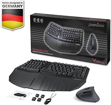 Perixx PERIDUO-813B US, Wireless Ergonomic Compact Keyboard and Vertical Mouse - Multi-Device - Black - US English