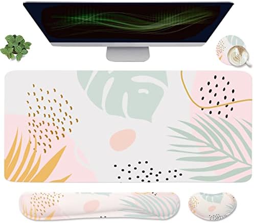 Keyboard Mouse Pad Set, Extended Mouse Pad+Keyboard Wrist Rest Support, Memory Foam Ergonomic Easy Typing, 3Pcs (35.4×15.7 in) Desk Pad Set for Home Office Study Game-Plant