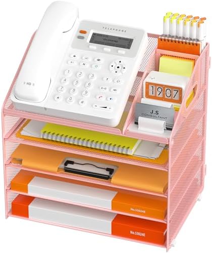 DocNest 5 Tier Metal Mesh Desk File Organizer with Phone Shelf, Pink