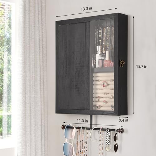 Keebofly Wall Mounted Jewelry Organizer With Rustic Wood Large Space Jewelry Cabinet, Holder, Storage Box for Necklaces, Earrings, Bracelets, Ring Holder, and Accessories Black