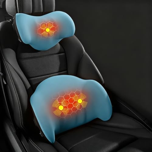 Car Lumbar Back Support Pillow, Heat Vibration Massage Neck Headrest Pillow