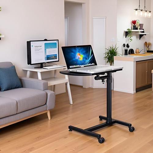 TV Tray Bed Side Table, Portable Rolling Desk Hospital Bed Laptop Table, Small Standing Desk with Wheels Adjustable Height for Sofa, Bedside, Tablet Use, Secure Non Tilt, 23.2" W, Black