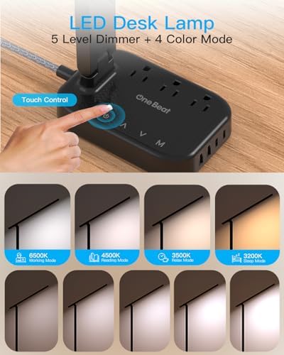 LED Desk Lamp Power Strip with 4 USB 3 Outlets, Dorm Room Essentials, Black