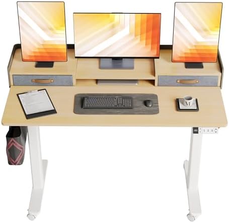 Claiks Standing Desk with Drawers & Wheels, 2 Height Shelf 55" Natural
