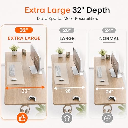 Grandder 47x32 Large Electric Standing Desk, Height Adjustable Computer Desk with 2 Memory Presets, 31.5" Deep Desktop Sit Stand Desk Home Office Desk Workstation Table with Hooks, Maple