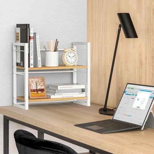 Office Desk Shelf Organizer, Wood Desktop Bookshelf Supplies Storage Rack, Shelf for Top of Desk and Dresser (White-2 Tier)