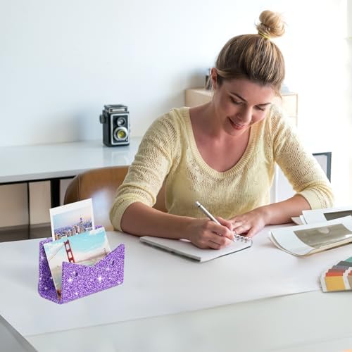 Mail Organizer Envelope Holder - Glitter Purple Acrylic Mail Holder Countertop Vertical Desk Organizer Small File Bill Document Notebook Letter Sorter for Home School Office Supplies