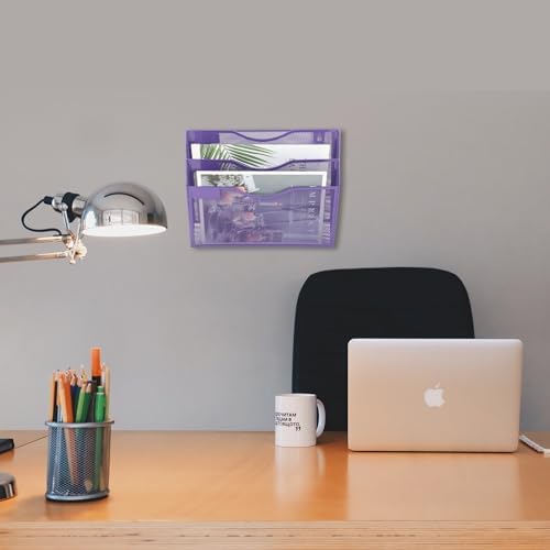 EASEPRES 3 Pocket Mesh Hanging Wall File Organizer, Wall Mounted Mail Paper Document Folder Holder, Clipboard Storage Organization Magazine Rack with Nametag Label for Office School Home, Purple