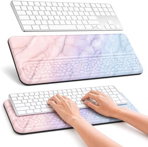 Ergonomic Keyboard Wrist Rest Pad, Thick Memory Foam with 7° & 13.3° Dual Angle Support, Pink Purple Marble Desk Decor for Office & Gaming, Honeycomb Massage Bumps for Carpal Tunnel Relief