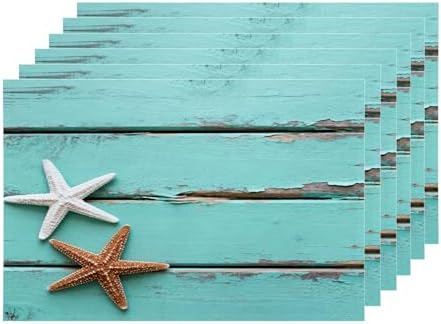 Shrahala Antique Rustic Teal Blue Set of 6 12 X 18 Inch Linen Placemats, Gold and White Starfish in Sand Border On Burlap Table Mat Washable Double Layered Heat Insulation for Indoor/Outdoor