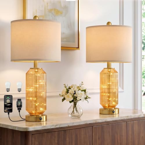 Oneach 24.5" Bedside Table Lamps Set of 2, Amber Glass Lamp with Nightlight