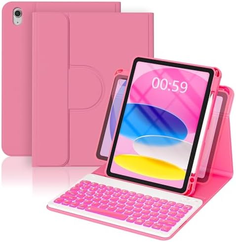YBING for iPad A16 Case with Keyboard /11th Gen (2025) & iPad 10th Gen 10.9” (2022), 7-Color Backlit Detachable Keypad, 360° Rotating Magnetic Cover with Pencil Holder (Watermelon Red)