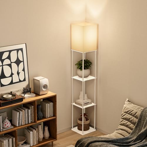 Gupuzm Floor Lamp with Shelves, Modern Square Standing Lamp with 3 Color Temperature Bulb, Corner Display Bookshelf Lamp for Living Room, Bedroom and Office（White）