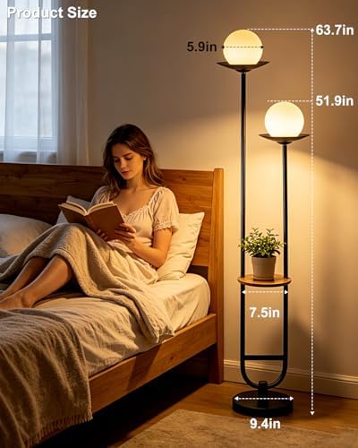 Lightdot 63IN Black Floor Lamp, U-Shape 2 Globe Mid Century Standing Lamps Dimmable with 3000K Warm White LED Bulbs, Unique Vintage Tall Floor Lamp for Living Room/Wedding/Party