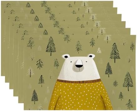 White Bear Yellow Sweater Placemats, in Tree Background Place Mats for Dining/Kitchen Table Waterproof Washable Linen Heat Insulation Dinner Table Mats 12X18 in 6 Pcs