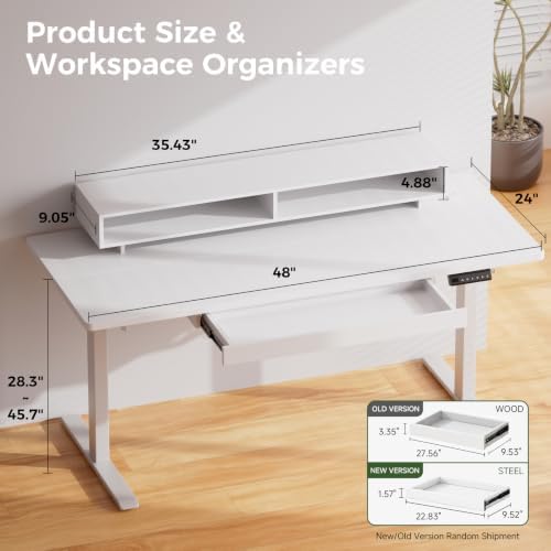 GTPLAYER Electric Standing Desk with Drawers, 48 x 24 Inch Height Adjustable Gaming Desk with Monitor Stand, Power Outlets & LED Lights, Home Office Sit Stand Up Desk with Memory Preset (White)