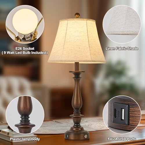 AIDENOEY 28.5" Traditional Table Lamp Set of 2, Rustic Farmhouse Table Lamps for Living Room Bedroom, Bedside Desk Lamps Vintage Nightstand Lamps with Silk Fabric Shades,Antique Copper Table Lamp
