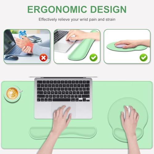 4 PCS Mouse Pad Desk Mat Protector, Keyboard Wrist Rest + Comfortable Mouse Pad with Wrist Rest +Coaster, Large Gaming Mousepad for Computer Laptop, 35.4"X 15.7" Deskpad for Office Home I Light Green