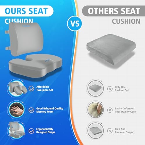 CushZone Seat Cushion and Lumbar Support Pillow for Office Chair Light Grey