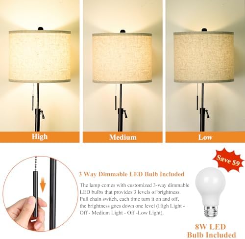 Qingmiao Adjustable Height Floor Lamp for Living Room, Black Standing Lamp for Bedroom Office, Modern Tall Lamp with Linen Shade, 3-Way Dimmable 8W 3000K LED Blub Included (Black)