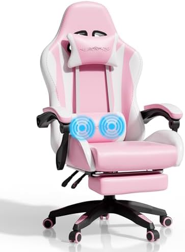 Mr IRONSTONE Pink Gaming Chair with Footrest, Ergonomic High Back Gamer Chair with Massage Lumbar Support, Reclining Video Game Chair with Adjustable Headrest, Swivel Computer Desk Chair