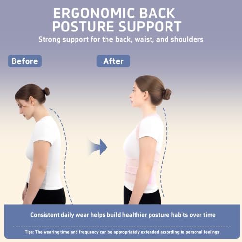 Posture Corrector for Women and Men, Full Back Brace for Posture Support, Adjustable Upper Back Brace with Waist Belt, Shoulder Straightener for Hunchback, Back Support for Work, Home, Office Pink, Medium