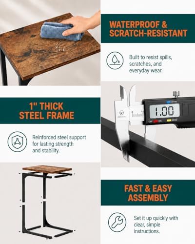 C-Shaped Side Table for Couch - Small Coffee Stand Sofa Tray Desk with Metal Frame and Waterproof Scratch Resistant, Modern End Accent for Living Room, Bedroom, Small Spaces, Rustic Brown