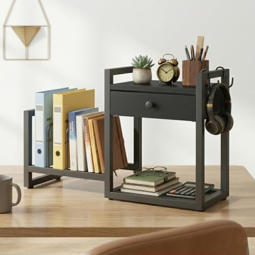 MAHANCRIS Desktop Shelf Organizer, 2-Tier Wooden Desk Bookshelf, Small Tabletop Book Shelf with Draw and Hooks, Countertop Storage Rack for Home, Office, Dorm, Black POBK2201