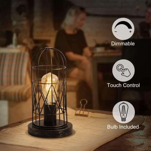 Industrial Table Lamp, 3-Way Dimmable Small Touch Lamp with Rustic Cage