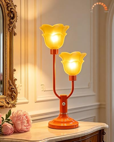 Orange Flower Table Lamp Dimmable Vintage 2 Bulbs Included Gift