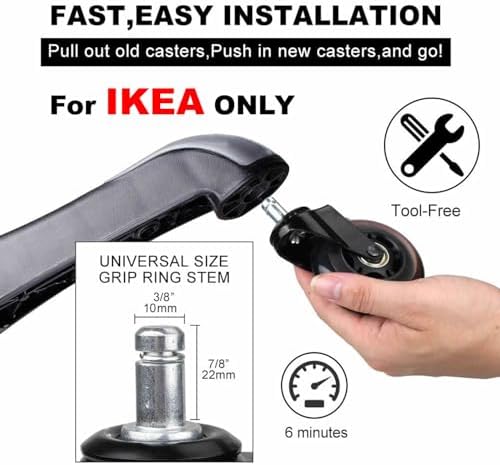 Office Chair Wheels - 3 Inch Replacement Rubber Wheels - Heavy-Duty Computer Gaming Desk Caster Wheel, Noise Free, Fits for 1KEA Chair only (Stem Rod ∅10mm x 22mm)