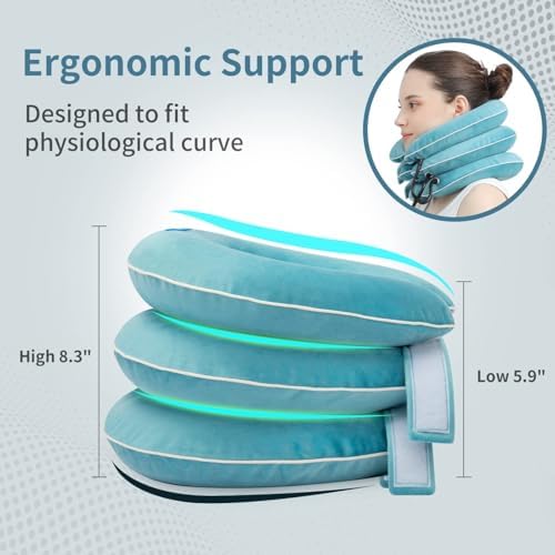 S Cervical Neck Traction Device for Neck Pain Relief - Inflatable Neck Stretcher Traction Collar for Neck Decompression - Best Home Use Neck Brace Pump (Blue Plush)