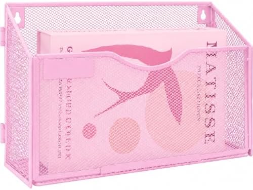 1 Pocket Mesh Wall File Holder Organizer Office Hanging File Folder Magazine Rack, Nametag Label Hooks Set Included (Pink)