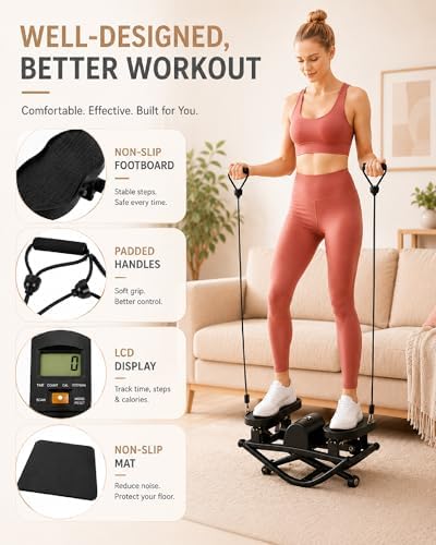 Rock Stepper Side to Side - Mini Stepper Exercise Machine for Home Workout, Rocking Stair Stepper with Resistance Bands & Mat, Portable Workout Equipment & Balance Board Alternative for Adults