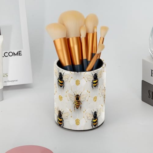 Leather Pen Holder for Desk, Honeycomb Bee Pencil Cup Pen Organizer Makeup Brush Holder for Office Home Kids Countertop Desk Accessory Storage