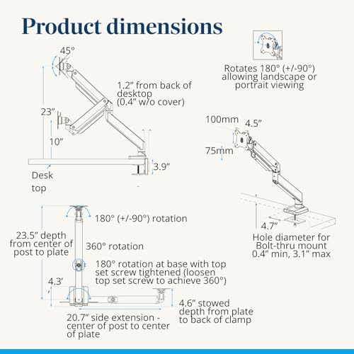 UPLIFT DESK Crestview Single Monitor Arm - Gas Spring Monitor Mount with USB Ports, Fits 13-35” Inch Displays, VESA Compatible, Clamp or Grommet Mounting, Fits Standing Desks & Vertical Options (Gray)