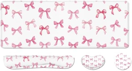 Desk Pad and Keyboard Wrist Rest, Large Mouse Pad + Keyboard Pad+Mouse Wrist Support, Non-Slip Desk Mat Protector for Office, Home 31.5×11.8 Inches Pink Bow