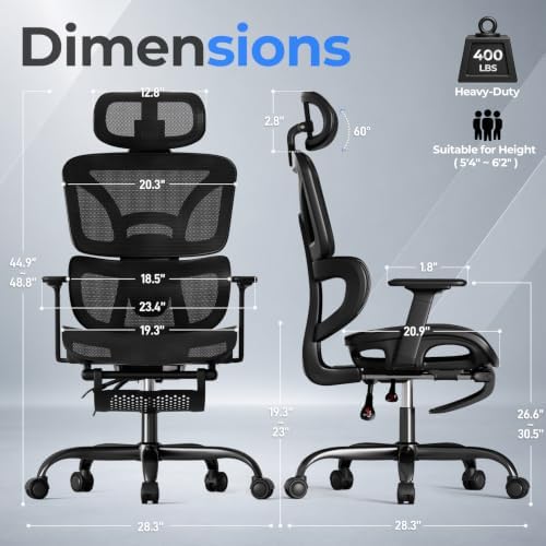 HLDIRECT Ergonomic Mesh Office Chair with Footrest, Lumbar Support(Black)