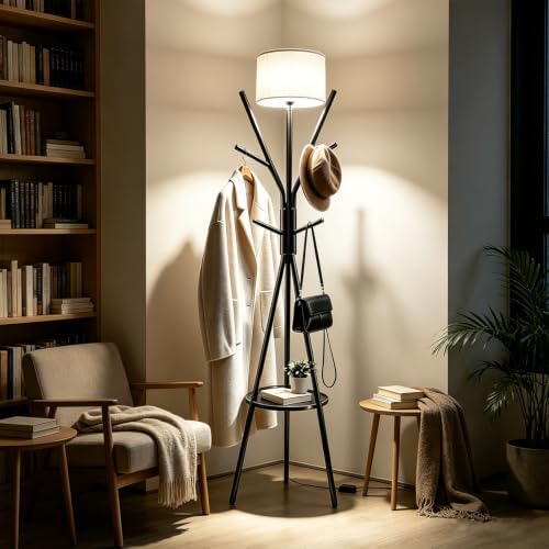 Black Coat Rack Floor Lamp, Metal Standing Lamp with Storage Table, 3 Color Dimmable Tall Lamp with Multi Hooks Coat Rack, Corner Floor Light for Living Room Bedroom Apartment Entryway