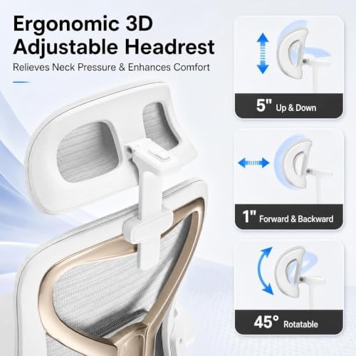 Ergonomic Office Chair for Long Hours and Back Pain Relief, Space-Saving Design with Adjustable Lumbar Support, Flip-Up Arms, 3D Headrest, Tilt & Rock, 330 LBS, White/Gold