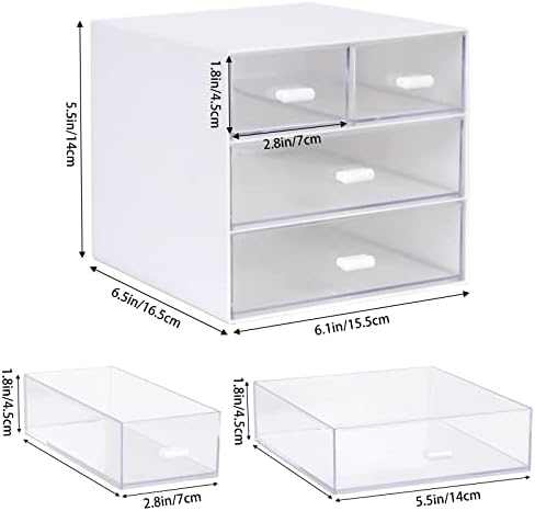 Desk Organizer with Drawer, Office Organizer with 4 Drawers, Desk Storage Box for, Desktop, Dressing table, Office, School, Home, Plastic Box and 4 Acrylic Drawers(White)