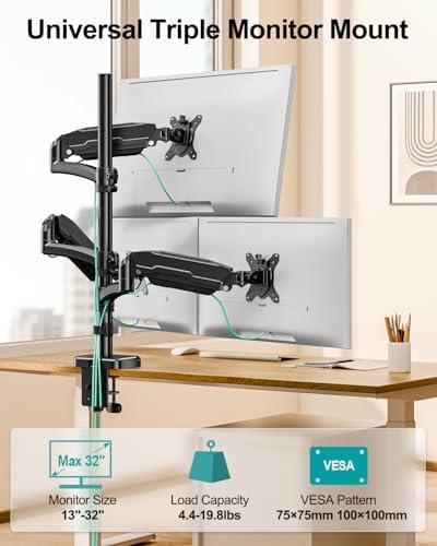 MOUNT PRO Triple Monitor Mount for Max 32" Computer Screen, Adjustable 3 Monitor Desk Mount, up to 19.8lbs Each, Three Display Arm with Tilt Swivel Rotation, VESA Mount 75x75/100x100mm