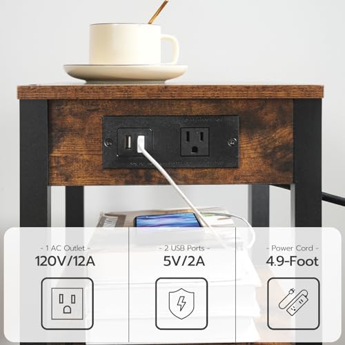 HOOBRO 3-Tier Printer Stand with Charging Station, Under Desk Printer Table, Printer Cart with Storage Shelves, Shelf for Small Spaces, for Home Office, Rustic Brown and Black BF63UPS01