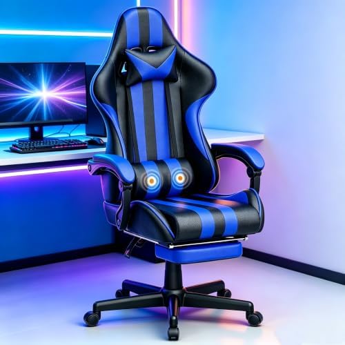Huracan Gaming Chair with Footrest, Adjustable Ergonomic Computer Office Chair with Lumba Pillow, Video Game Computer Chairs for Adults, Racing Style Reclining Backrest Office Desk Chairs, Blue