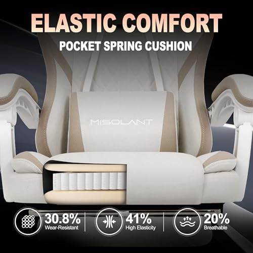 Misolant Gaming Chair, Fabric Gamer Chair with footrest for Adults, High Back Ergonomic Computer Game Chair with Adjustable Headrest and Massage Lumbar Support, 90-155° Recline Free, Beige