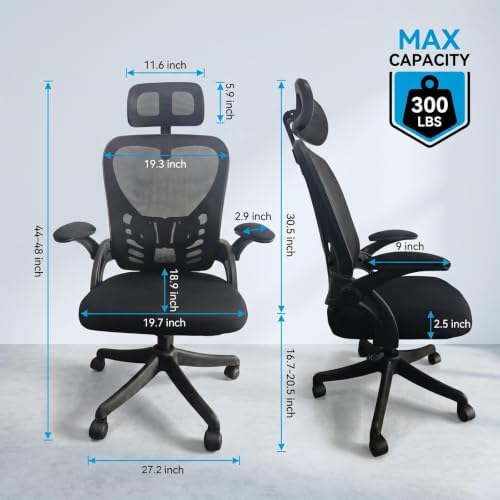 Ergonomic High Back Mesh Office Chair with Adjustable Headrest & Flip Up Armrest, Height Adjustable Swivel Rolling Desk Chair, 300LBS Breathable Computer Task Chair for Home Office(Grey)