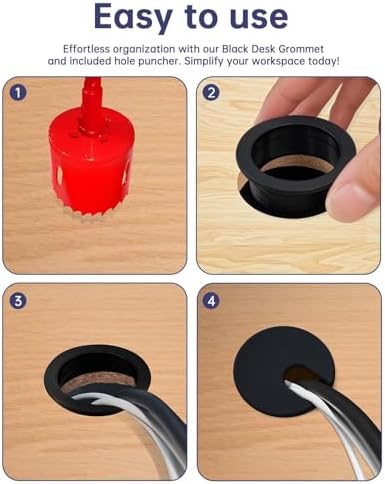 Desk Grommet & Cable Grommet 1-3/8 Inch (10 Pack) - Black Cord Hole Cover with Hole Cutter - Cable Management Kit for Office Desk, TV Stand, Workstation - Hide Wires Behind Wall, Cable Pass Through