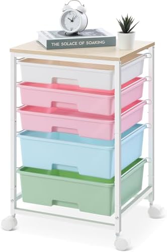 SYKIARIOL Utility Cart with 5 Drawers with Wooden Top, Rainbow