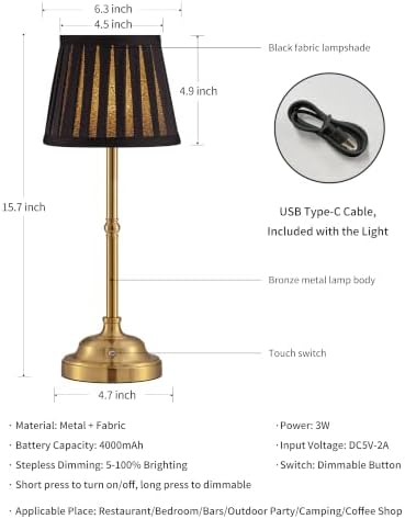 KDG Gold Cordless LED Table Lamps Set of 2, Black Fabric Shade Desk Lamps