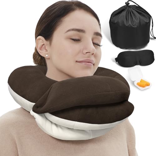 BUYUE Travel Neck Pillows for Airplanes, Memory Foam 360° Head Support Sleep for Long Flight, Skin-Friendly & Breathable, Kit with Eye Mask, Earplugs and Storage Bag (Adult, Brown, 90+ lbs)